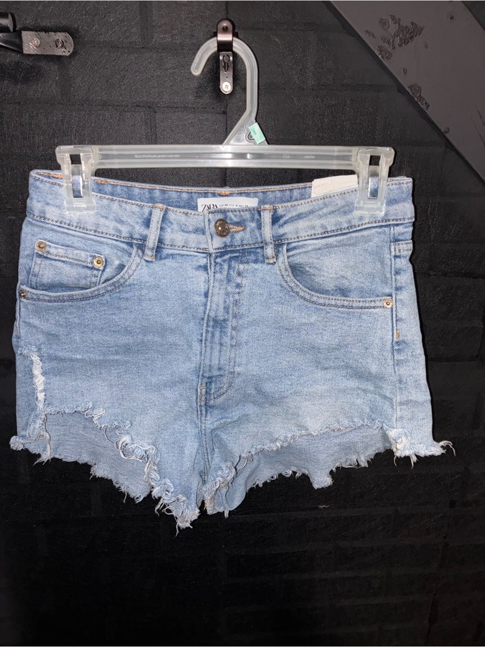 Zara Light Blue Distressed High-Rise Denim Shorts